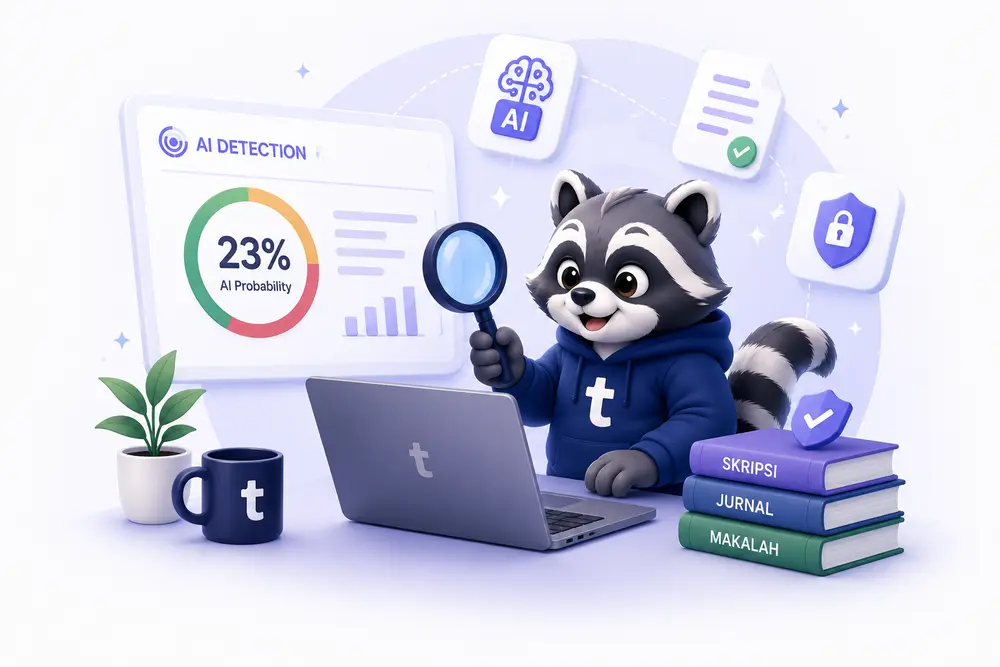 Maskot Turunin memegang laporan GPTZero dengan probability AI generated 23%
