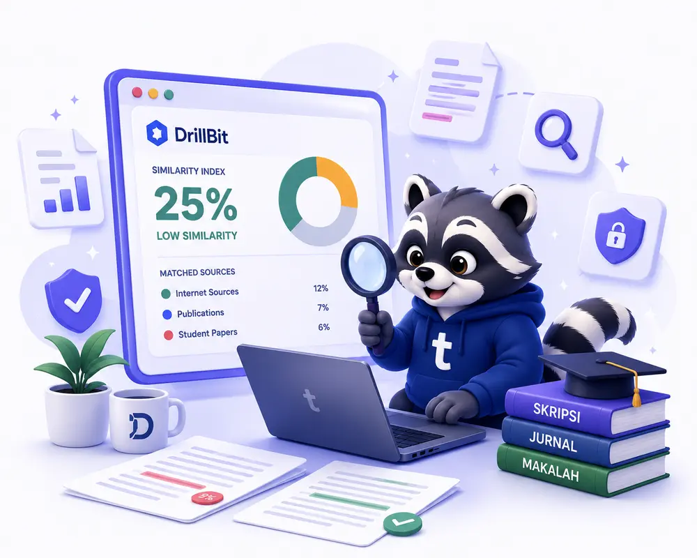 Maskot Turunin memegang laporan DrillBit dengan similarity index 25%