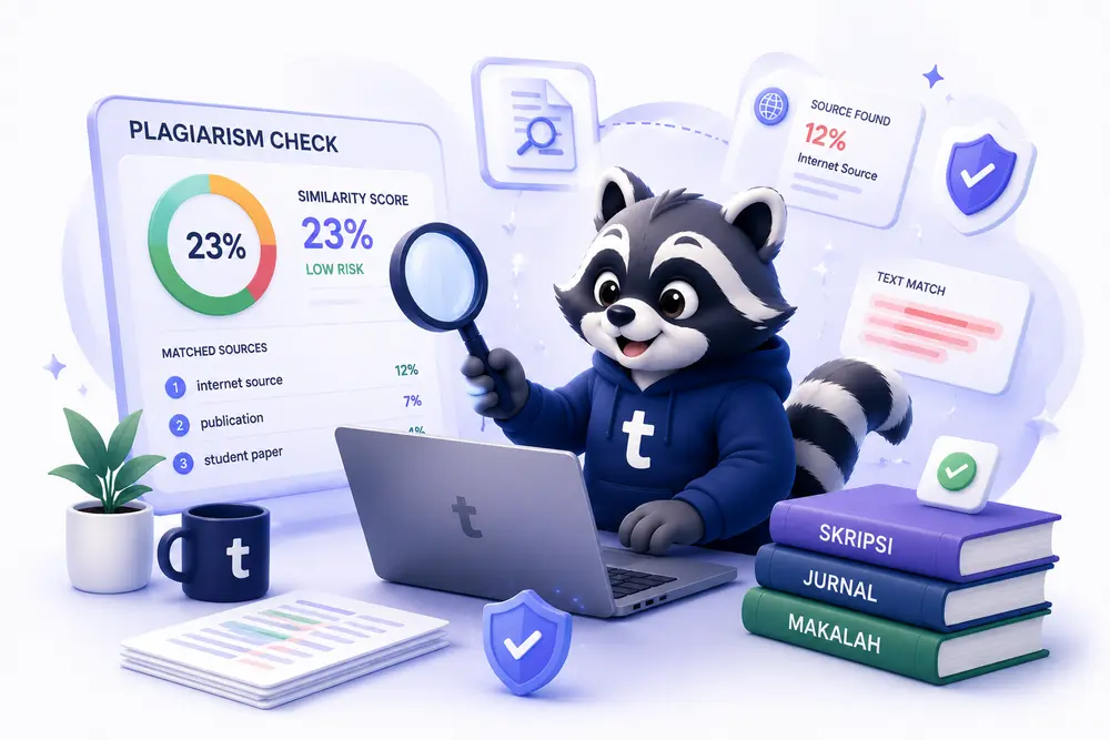 Maskot Turunin memegang laporan Turnitin dengan similarity index 23%