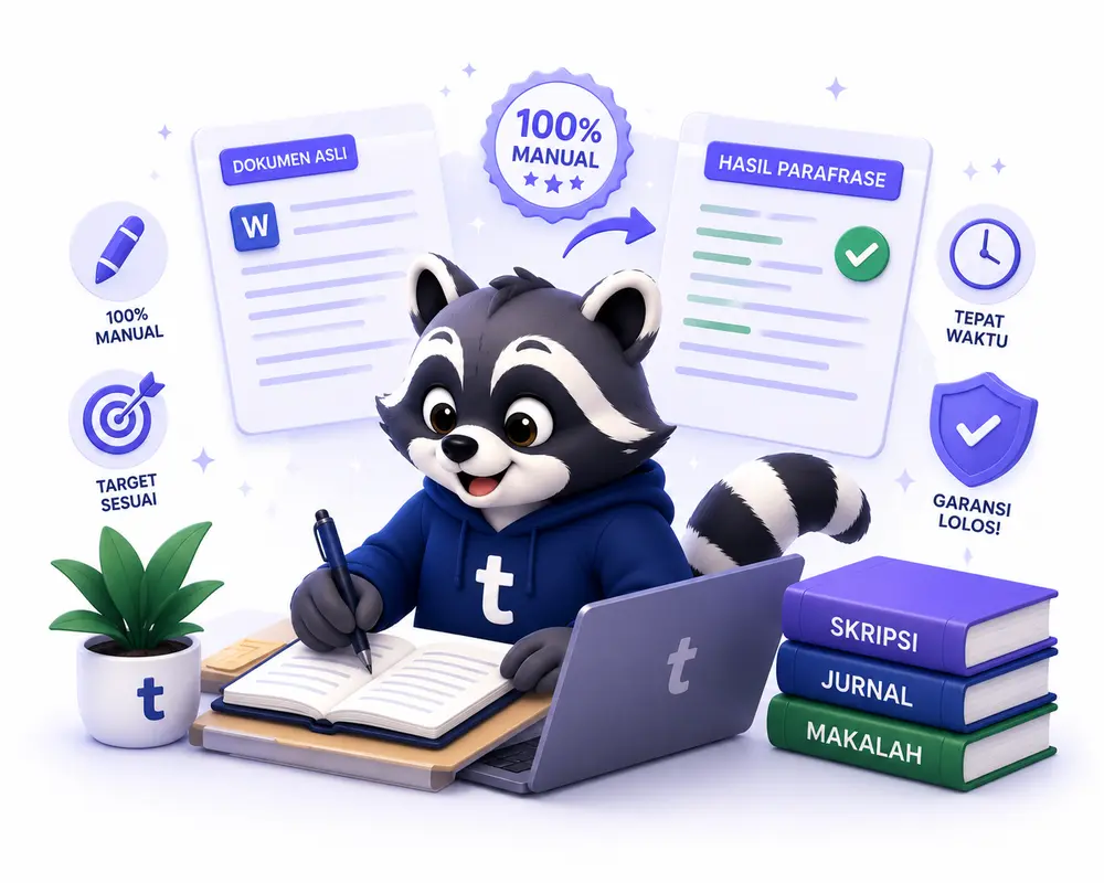 Maskot Turunin sedang menulis parafrase dokumen dengan pena dan laptop